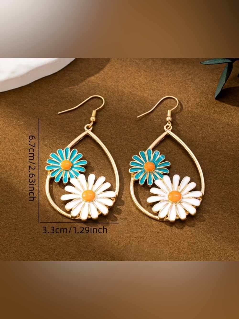 GOLD Teardrop Daisy Earrings with White & Teal Flowers - Picture 2 of 4